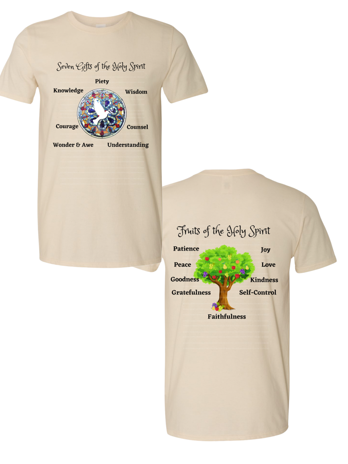 Seven Gifts & Fruits of the Holy Spirit Tee (Front + Back Print) | Faith Shirt Gift Shirts & Tops Rose's Colored Designs Fruits of the Holy Spirit & 7 Gifts of the Holy Spirit Small Front