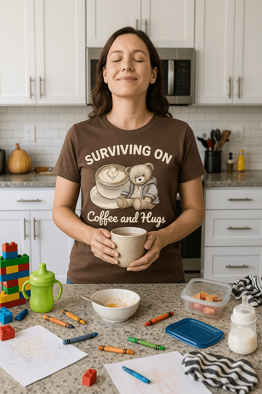Surviving on Coffee and Hugs - Cozy Mama Crew Shirts & Tops Rose's Colored Designs