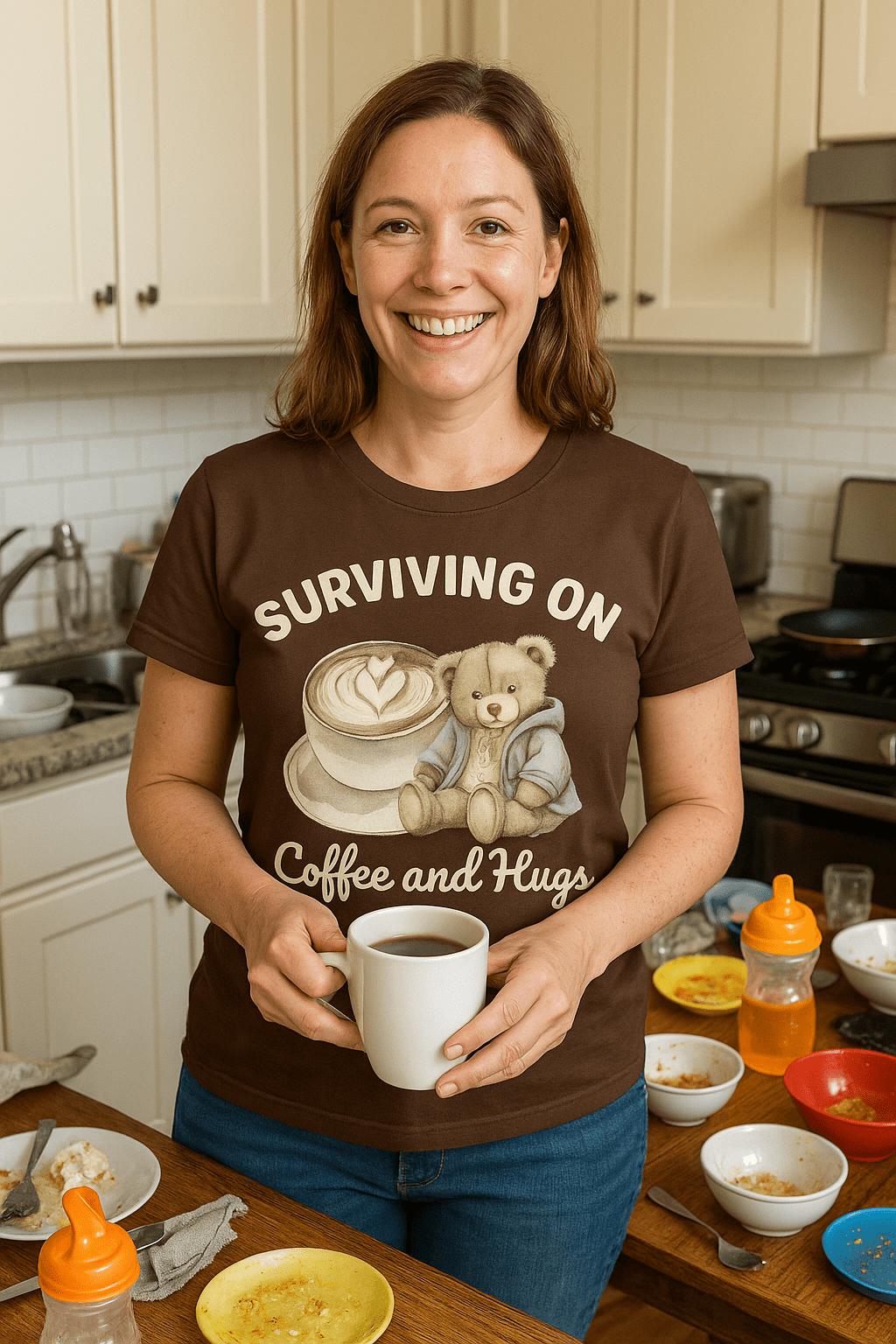 Surviving on Coffee and Hugs - Cozy Mama Crew Shirts & Tops Rose's Colored Designs