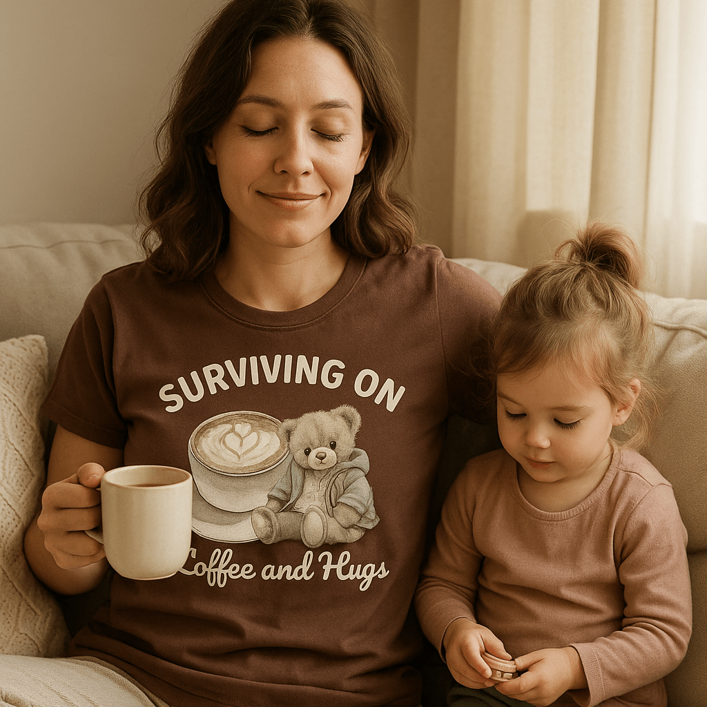 Surviving on Coffee and Hugs - Cozy Mama Crew Shirts & Tops Rose's Colored Designs