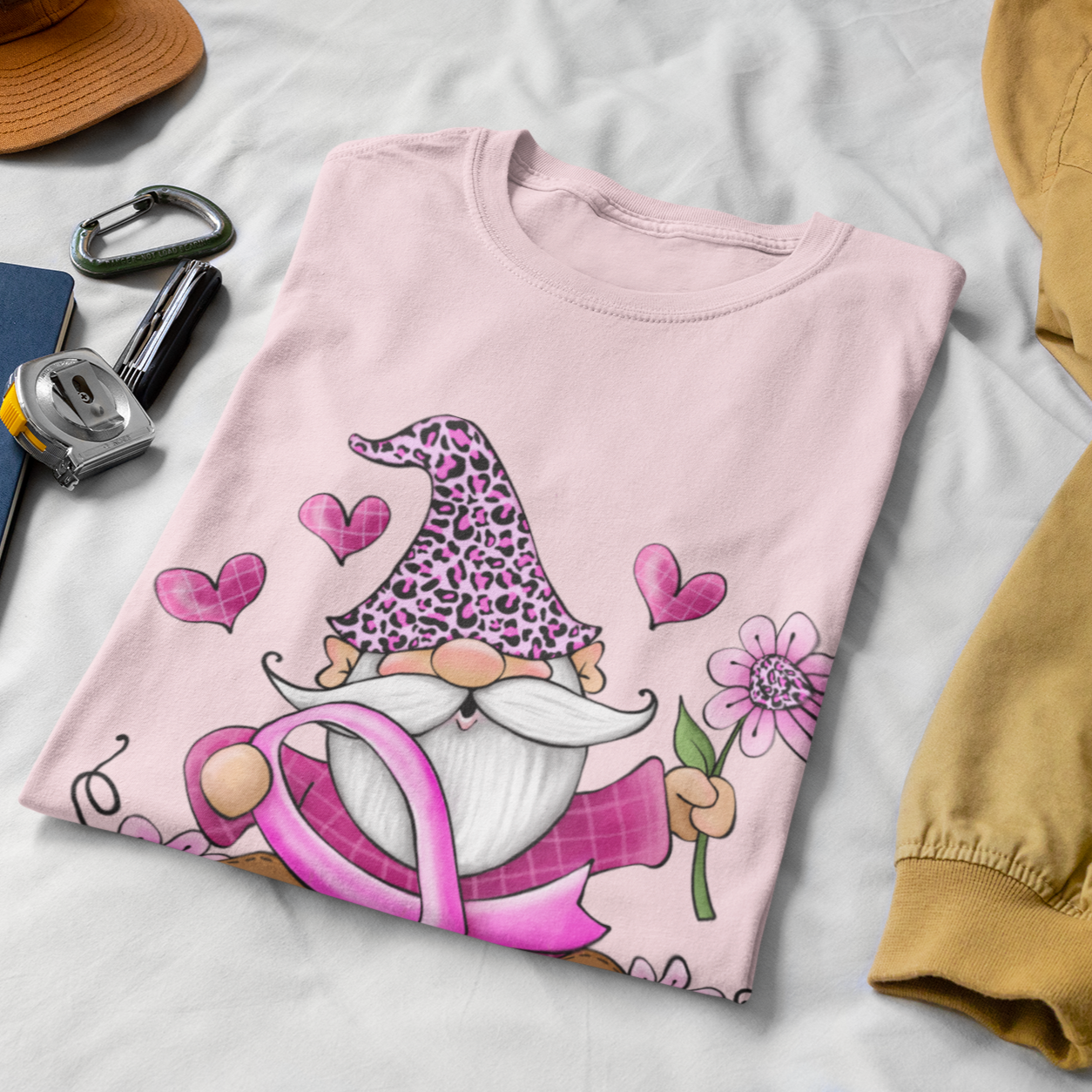 Gnome with Ribbon Breast Cancer Tee Shirts & Tops Rose's Colored Designs GNOME LT PINK Small