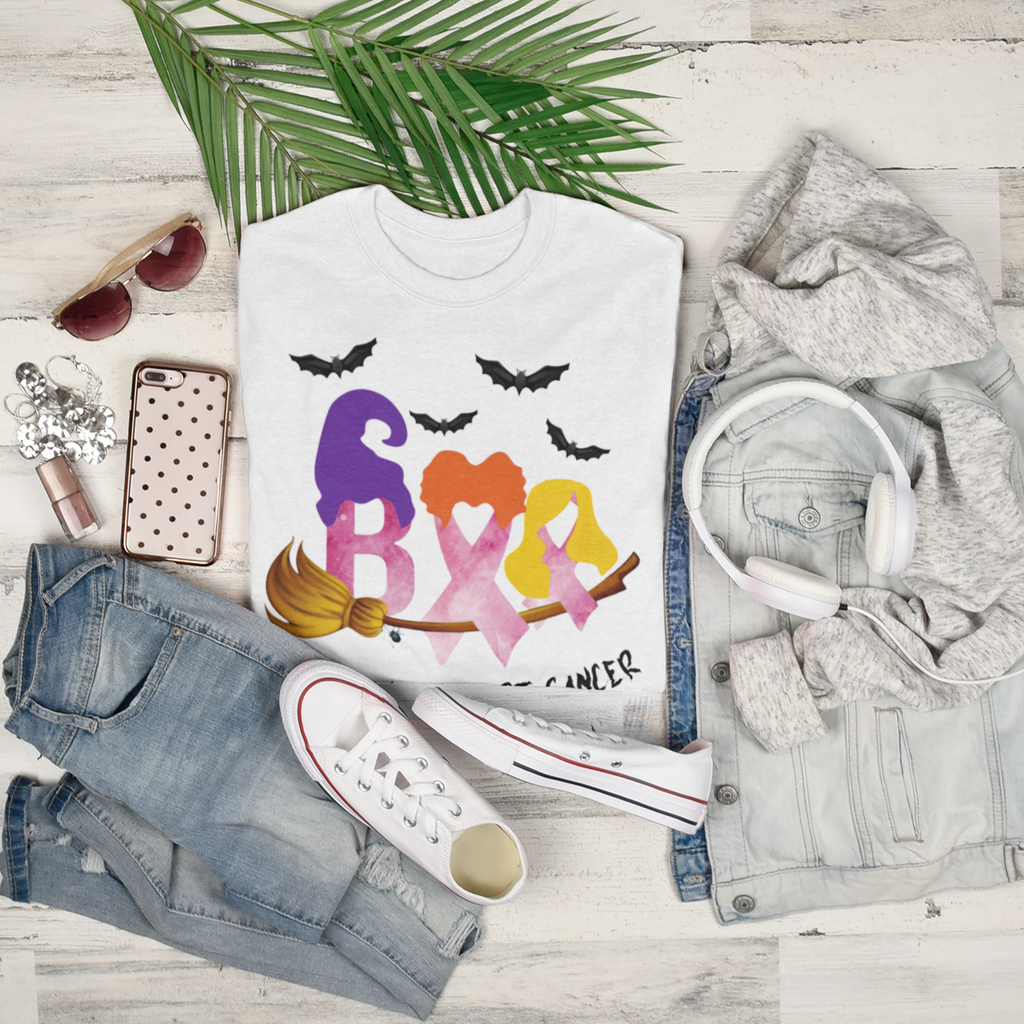 Scare Cancer Away Tee – Halloween Breast Cancer Awareness Shirt Shirts & Tops Rose's Colored Designs Scare Away Hocus Pocus WHITE Small
